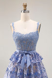 Robe de bal longue de bal gris-bleu en ligne A à étages perlée de paillettes avec fente