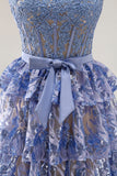 Robe de bal longue de bal gris-bleu en ligne A à étages perlée de paillettes avec fente