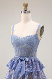 Robe de bal longue de bal gris-bleu en ligne A à étages perlée de paillettes avec fente
