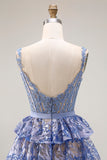 Robe de bal longue de bal gris-bleu en ligne A à étages perlée de paillettes avec fente
