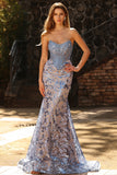 Corset sirène sans bretelles Gris bleu et longue robe de bal brodée avec paillettes