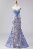 Corset sirène sans bretelles gris-bleu longue robe de bal avec paillettes