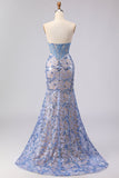 Corset sirène sans bretelles gris-bleu longue robe de bal avec paillettes