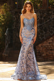 Corset sirène sans bretelles Gris bleu et longue robe de bal brodée avec paillettes