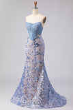 Corset sirène sans bretelles gris-bleu longue robe de bal avec paillettes