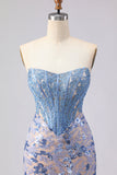 Corset sirène sans bretelles gris-bleu longue robe de bal avec paillettes