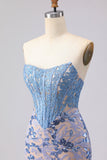 Corset sirène sans bretelles gris-bleu longue robe de bal avec paillettes