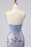 Corset sirène sans bretelles gris-bleu longue robe de bal avec paillettes