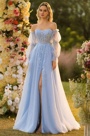 Robe de bal bustier sans bretelles bleu longue ligne A à paillettes avec manches amovibles