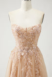 Robe de bal longue Champagne sans bretelles A Line Convertible appliqued, avec manches amovibles