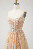 Robe de bal longue Champagne sans bretelles A Line Convertible appliqued, avec manches amovibles