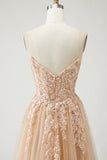 Robe de bal longue Champagne sans bretelles A Line Convertible appliqued, avec manches amovibles