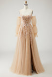 Robe de bal longue Champagne sans bretelles A Line Convertible appliqued, avec manches amovibles
