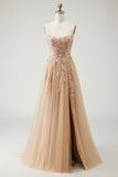 Robe de bal longue Champagne sans bretelles A Line Convertible appliqued, avec manches amovibles