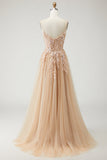 Robe de bal longue Champagne sans bretelles A Line Convertible appliqued, avec manches amovibles