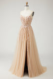 Robe de bal longue Champagne sans bretelles A Line Convertible appliqued, avec manches amovibles