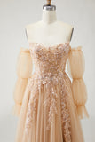 Robe de bal longue Champagne sans bretelles A Line Convertible appliqued, avec manches amovibles