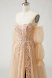 Robe de bal longue Champagne sans bretelles A Line Convertible appliqued, avec manches amovibles