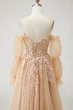 Robe de bal longue Champagne sans bretelles A Line Convertible appliqued, avec manches amovibles