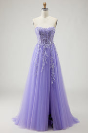 Robe de soirée longue violette bustier sans bretelles appliquée