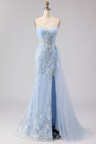 Corset bleu sirène avec perles et paillettes, longue robe de bal avec fente