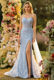 Corset bleu sirène avec perles et paillettes, longue robe de bal avec fente