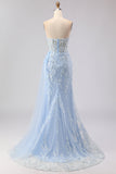 Corset bleu sirène avec perles et paillettes, longue robe de bal avec fente