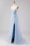 Corset bleu sirène avec perles et paillettes, longue robe de bal avec fente