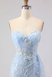 Corset bleu sirène avec perles et paillettes, longue robe de bal avec fente