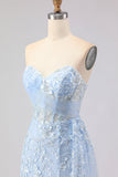 Corset bleu sirène avec perles et paillettes, longue robe de bal avec fente