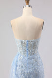 Corset bleu sirène avec perles et paillettes, longue robe de bal avec fente