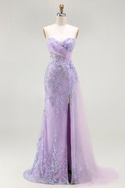 Corset de sirène perlée violet robe de bal longue robe de bal à sequins avec fente
