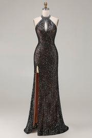 Robe de soirée sirène longue noire scintillante perlée à paillettes avec fente