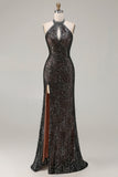 Robe de bal longue de bal longue avec fente noire noire scintillante en sirène perlée à paiettes