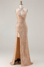 Robe de soirée sirène longue champagne scintillante perlée à paillettes avec fente
