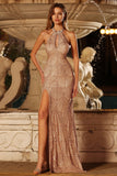 Robe de soirée sirène longue champagne perlée et pailletée