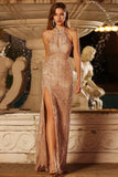 Robe de soirée sirène longue champagne perlée et pailletée