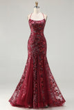 Rose scintillante en sirène dorée, lacet dans le dos, longue robe de bal avec paillettes
