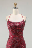 Rose scintillante en sirène dorée, lacet dans le dos, longue robe de bal avec paillettes
