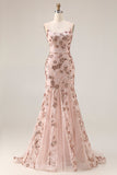Rose scintillante en sirène dorée, lacet dans le dos, longue robe de bal avec paillettes
