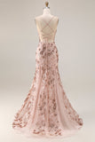 Rose scintillante en sirène dorée, lacet dans le dos, longue robe de bal avec paillettes