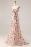 Rose scintillante en sirène dorée, lacet dans le dos, longue robe de bal avec paillettes