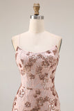 Rose scintillante en sirène dorée, lacet dans le dos, longue robe de bal avec paillettes