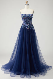 Robe de soirée longue bleu marine avec corset transparent en tulle et appliqués