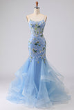 Robe longue de bal de bal brodée en corset bleu transparent avec dentelle dans le dos