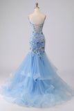 Robe longue de bal de bal brodée en corset bleu transparent avec dentelle dans le dos