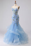 Robe longue de bal de bal brodée en corset bleu transparent avec dentelle dans le dos