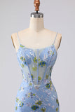 Robe longue de bal de bal brodée en corset bleu transparent avec dentelle dans le dos