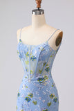 Robe longue de bal de bal brodée en corset bleu transparent avec dentelle dans le dos
