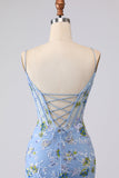 Robe longue de bal de bal brodée en corset bleu transparent avec dentelle dans le dos